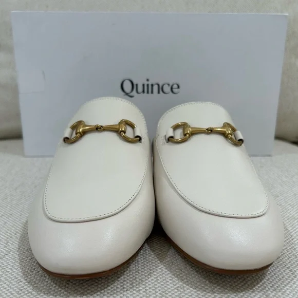 Quince Bone White Italian Leather Mules Classic Gold Horsebit Slides Size 7 - Picture 2 of 11